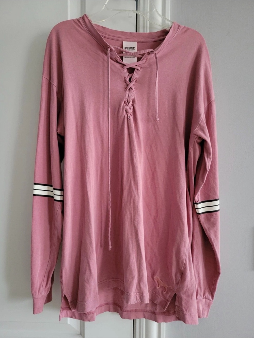 PINK Victoria's Secret Dusty Rose Lace-Up Long Sleeve Tee with Stripe Detail